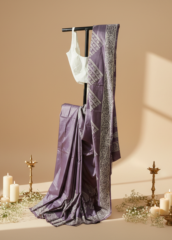Lilac Kalpataru Bishnupuri Block Print Saree