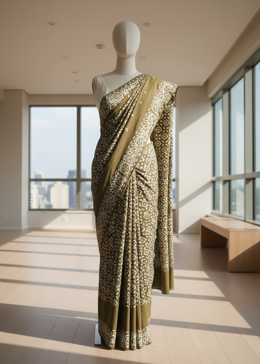 Mannequin wearing a green cotton saree with a pattern in a room with large windows.