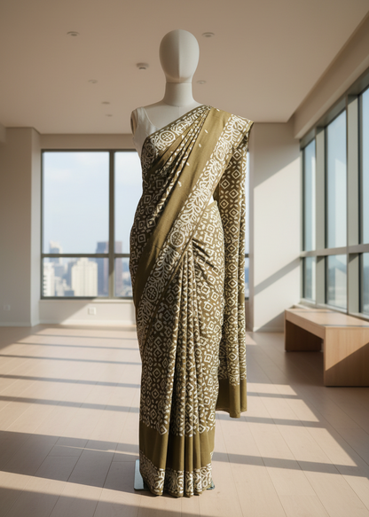 Mannequin wearing a green cotton saree with a pattern in a room with large windows.