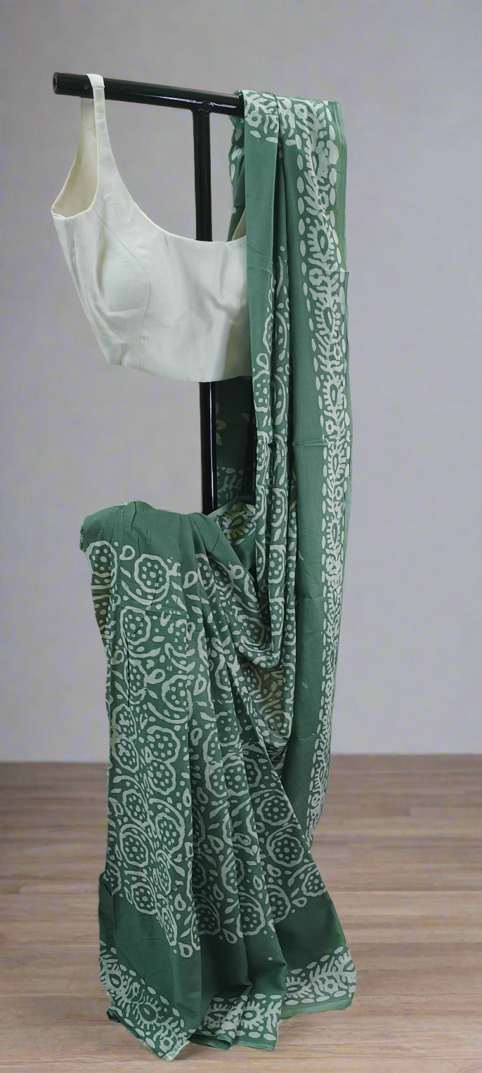 Pond Moss Hand Batik Cotton Saree
