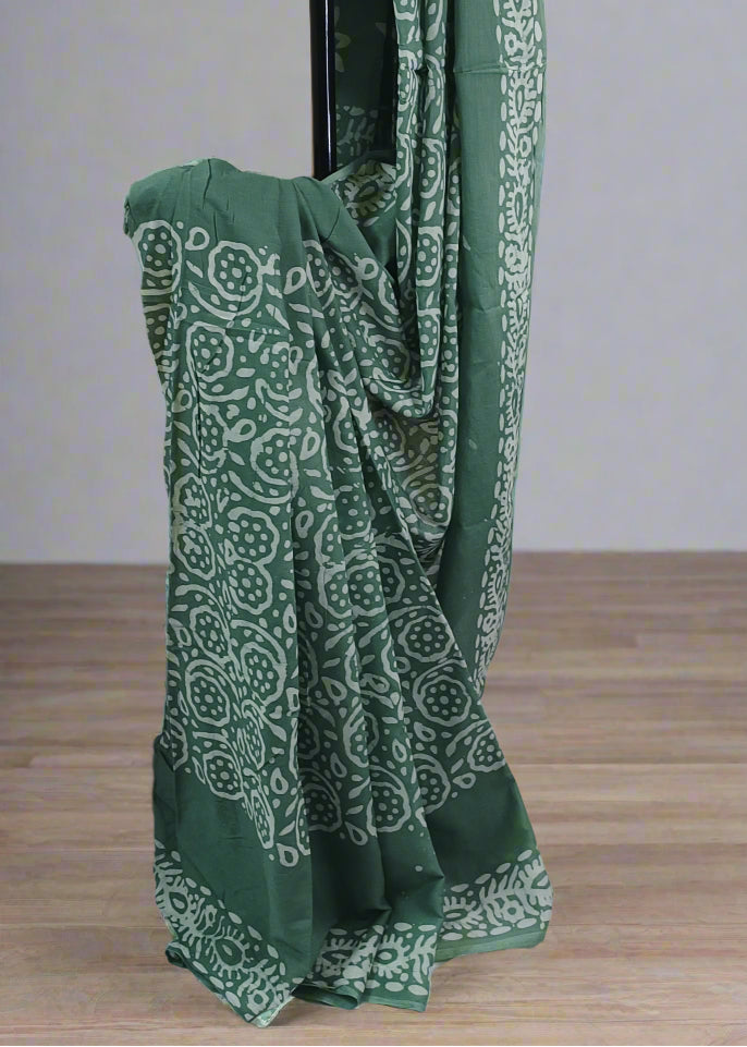 Pond Moss Hand Batik Cotton Saree