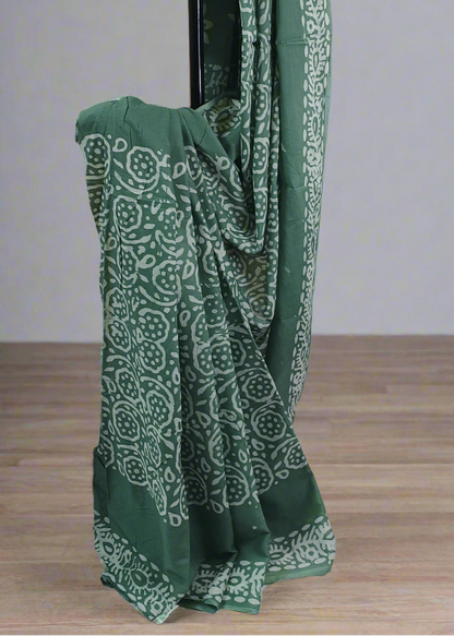 Pond Moss Hand Batik Cotton Saree