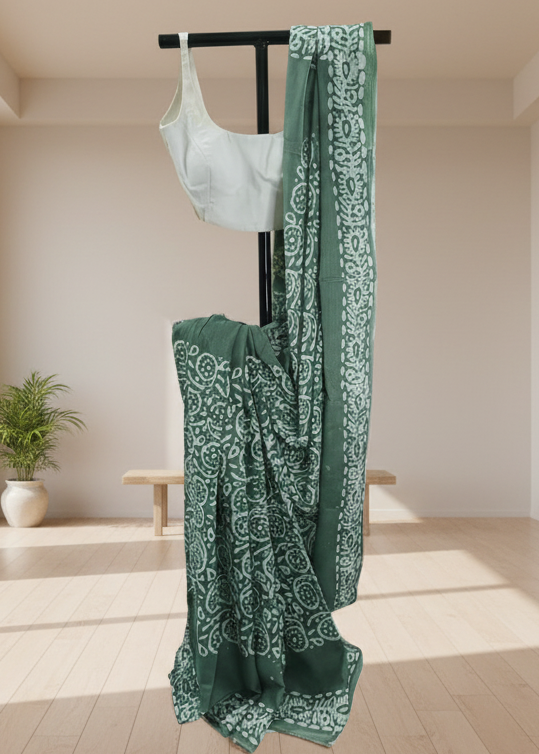 Pond Moss Hand Batik Cotton Saree