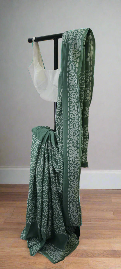 Pond Moss Hand Batik Cotton Saree