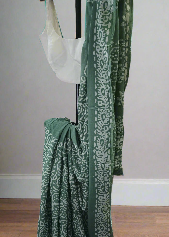 Pond Moss Hand Batik Cotton Saree