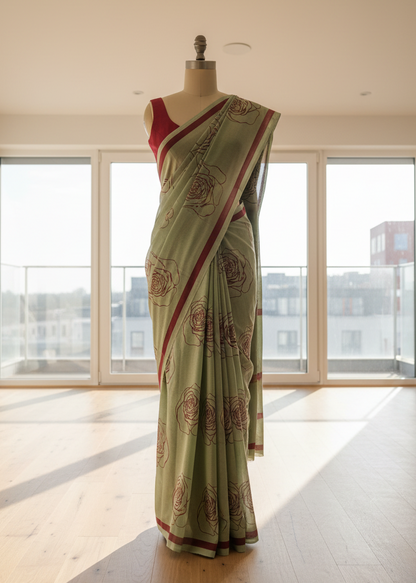 Green cotton saree with red border on a mannequin against a windowed wall.