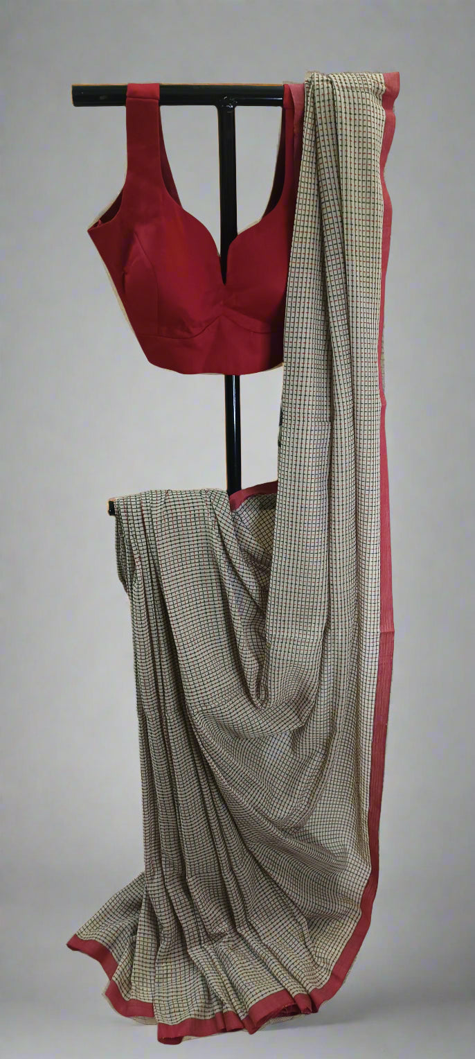 Memory Grid Kantha Stitch Cotton Saree