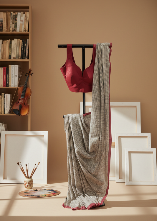 Memory Grid Kantha Stitch Cotton Saree