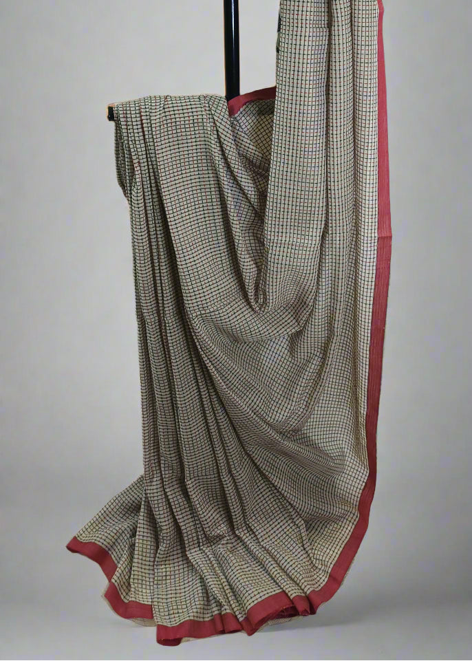 Memory Grid Kantha Stitch Cotton Saree