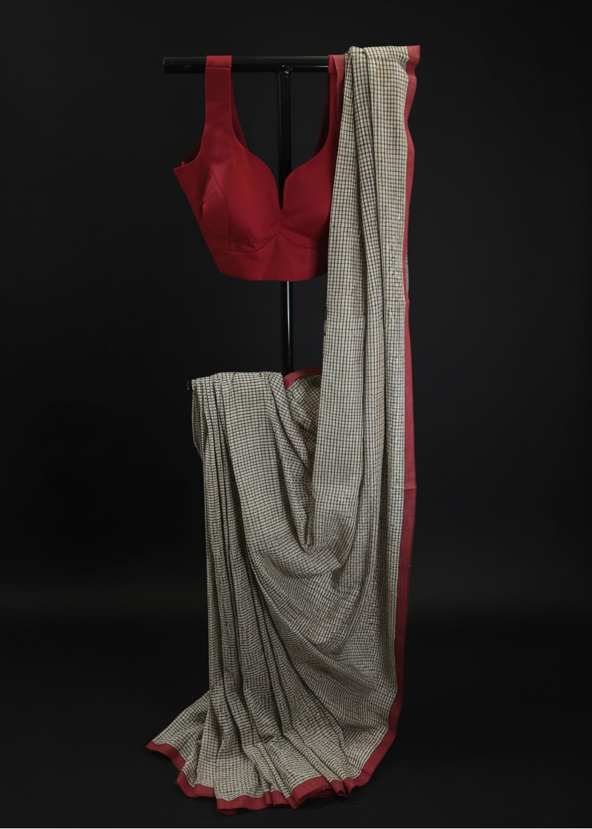 Beige kantha stitich saree