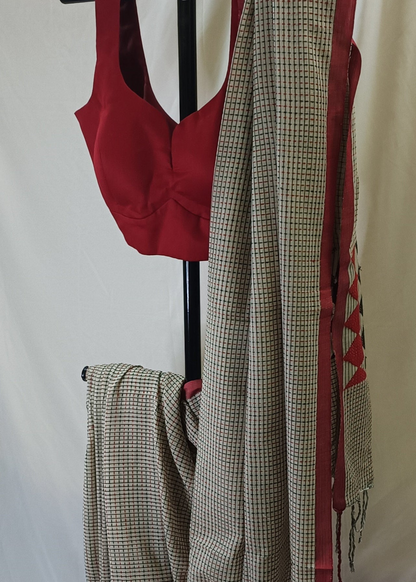 Memory Grid Kantha Stitch Cotton Saree