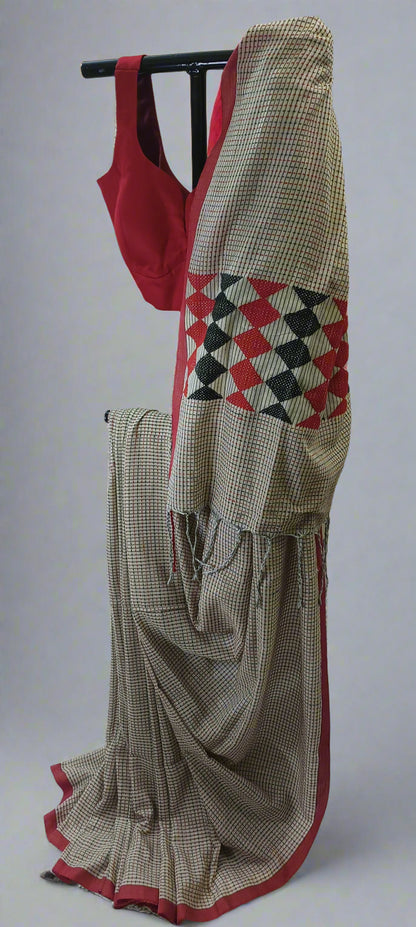 Memory Grid Kantha Stitch Cotton Saree