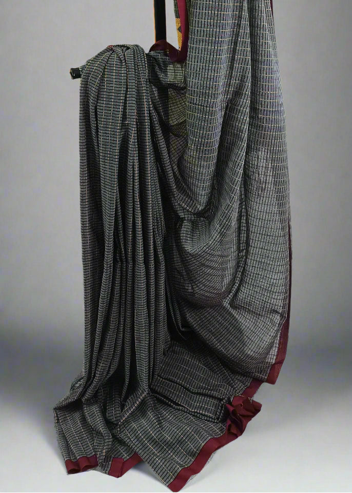 Charcoal Mosaic Kantha Stitch Cotton Saree