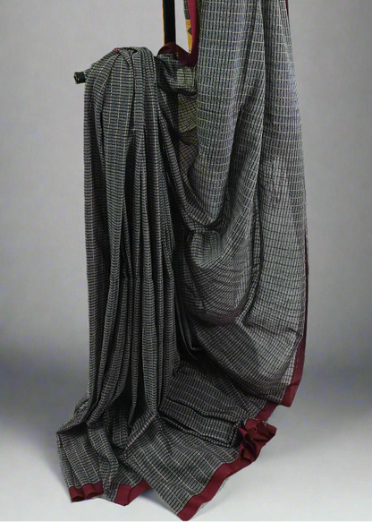 Charcoal Mosaic Kantha Stitch Cotton Saree