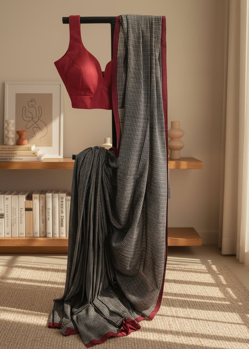 Charcoal Mosaic Kantha Stitch Cotton Saree