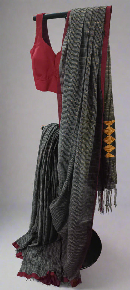 Charcoal Mosaic Kantha Stitch Cotton Saree