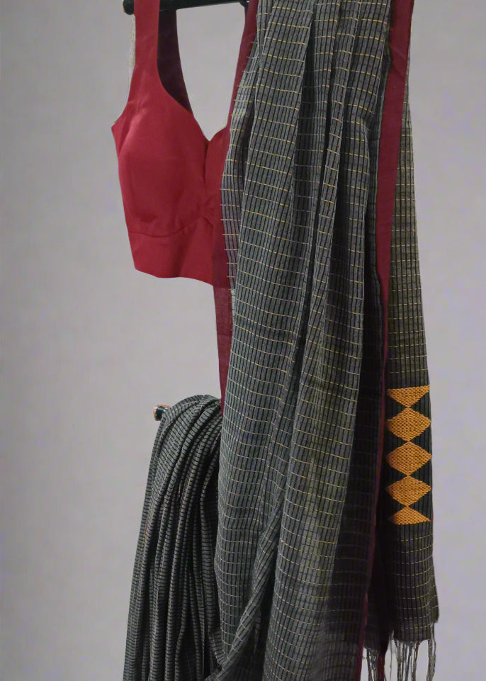 Charcoal Mosaic Kantha Stitch Cotton Saree