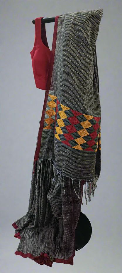 Charcoal Mosaic Kantha Stitch Cotton Saree