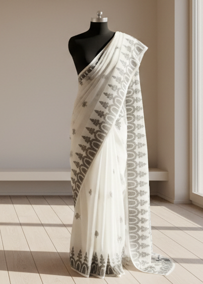Ivory Smoke Soft Jamdani Saree