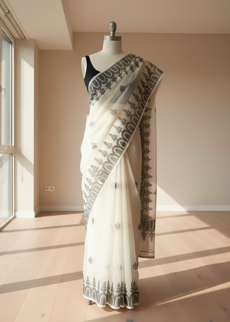 White jamdani cotton saree with black floral patterns on a mannequin in a well-lit room.