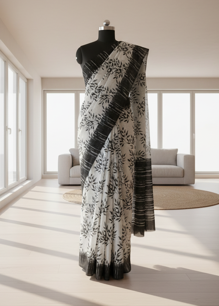 Black and white floral cotton saree on a mannequin in a modern room with large windows.