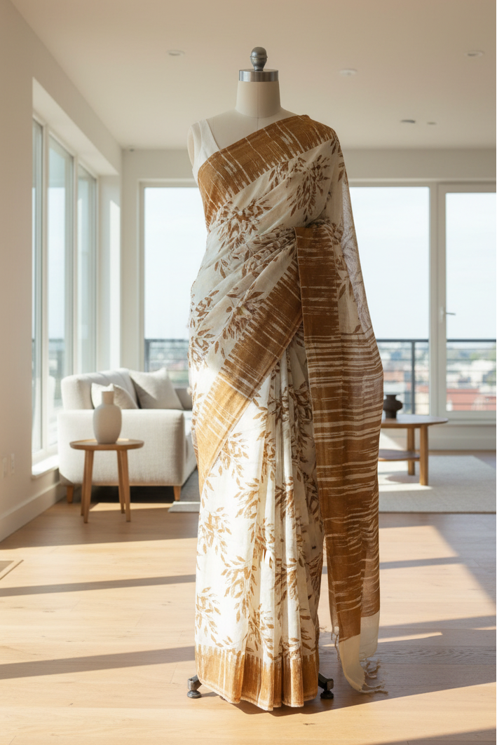 cotton printed Saree draped over a mannequin in a bright room with large windows.