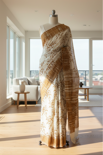 cotton printed Saree draped over a mannequin in a bright room with large windows.
