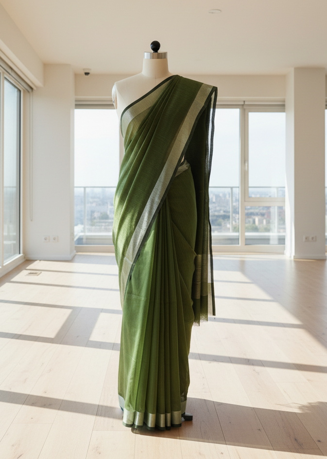 Green cotton saree on a mannequin against a light interior background