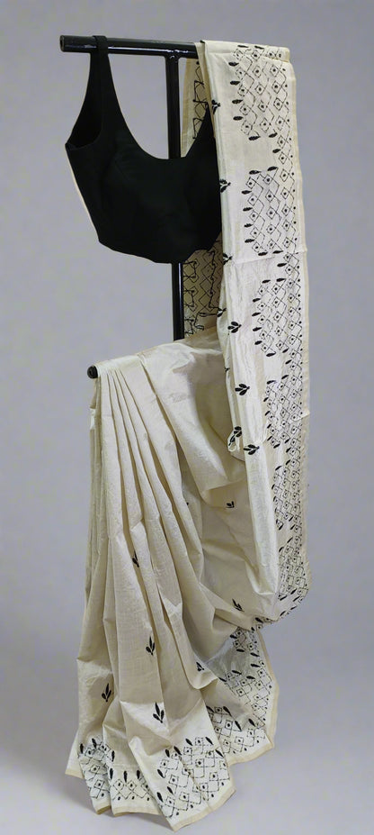 Shwetra–Noir Kantha Stitch Silk Saree