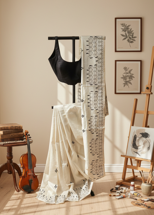 Shwetra–Noir Kantha Stitch Silk Saree