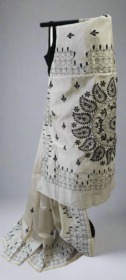 Shwetra–Noir Kantha Stitch Silk Saree