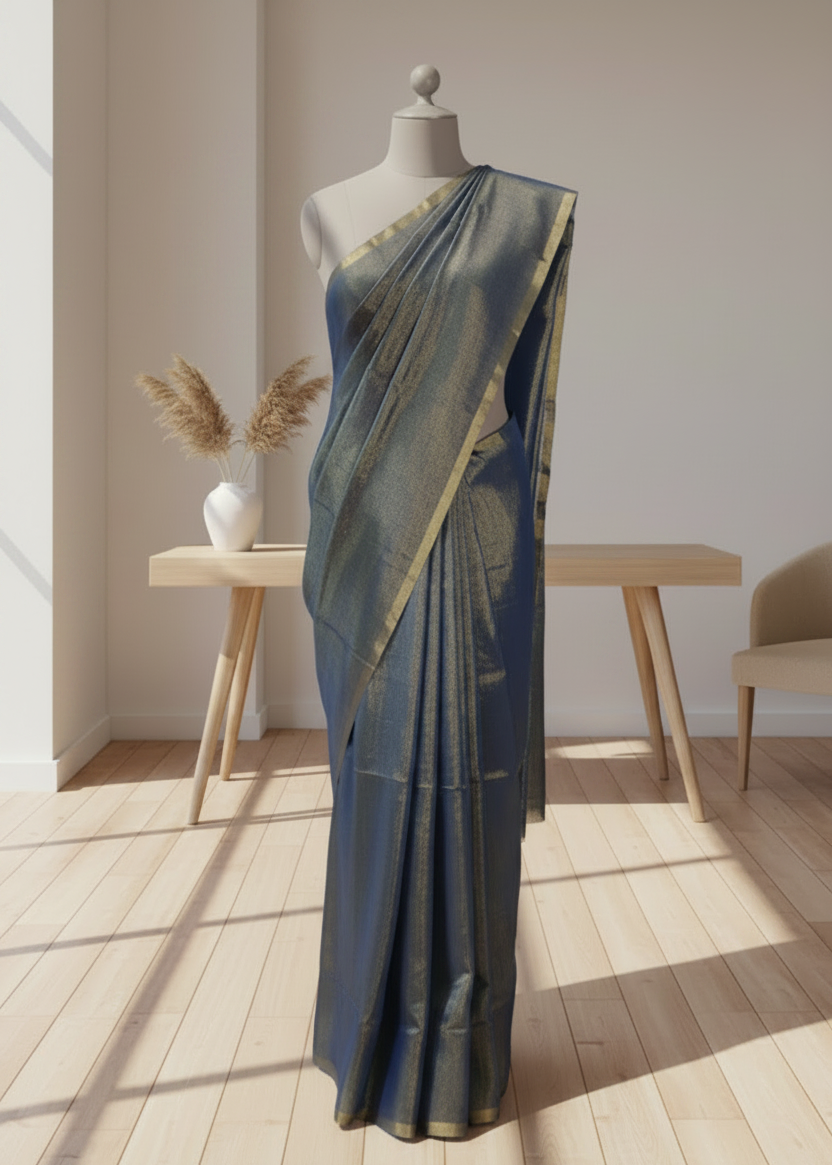 Blue linen saree draped over a mannequin in a room with wooden floor and white walls