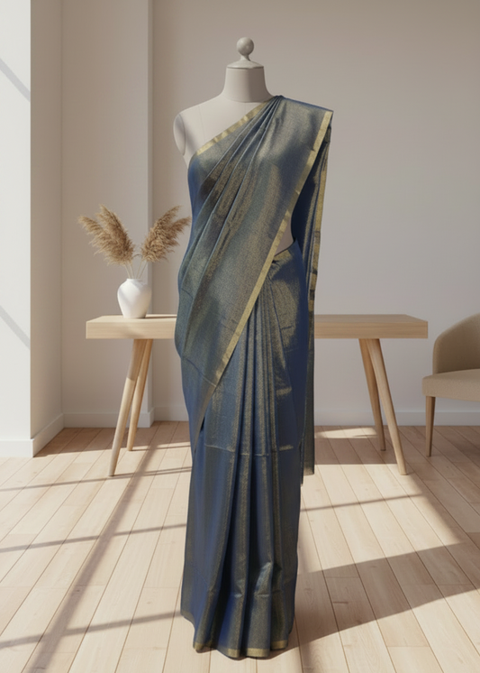 Blue linen saree draped over a mannequin in a room with wooden floor and white walls