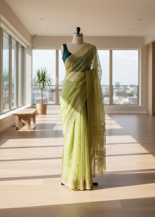 Green jamdani linen saree on a mannequin in a room with large windows