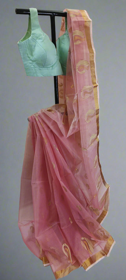 Rose Dust Gold Ghicha Muslin Saree