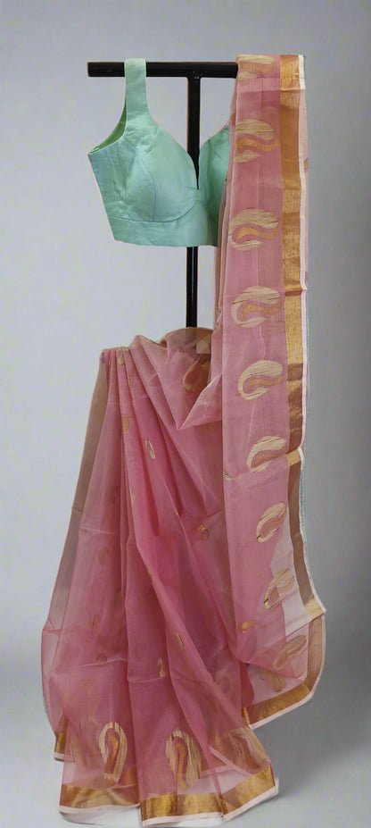 Rose Dust Gold Ghicha Muslin Saree