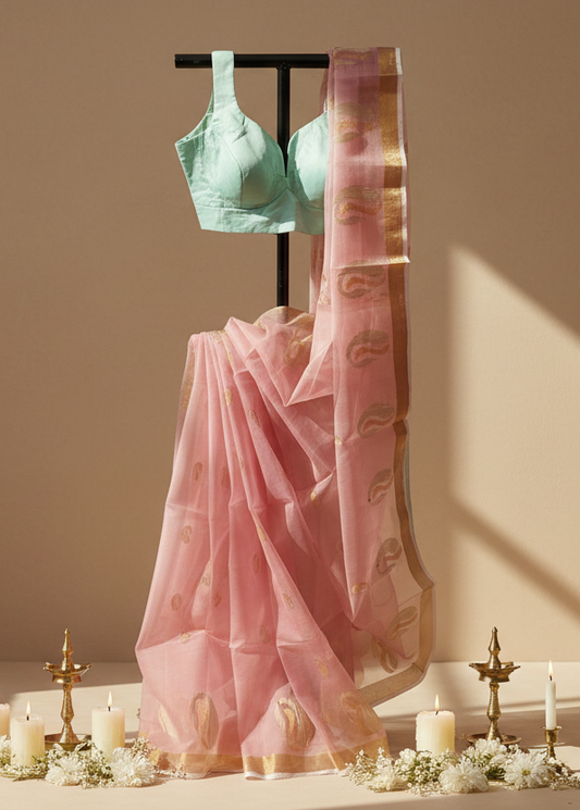 Rose Dust Gold Ghicha Muslin Saree