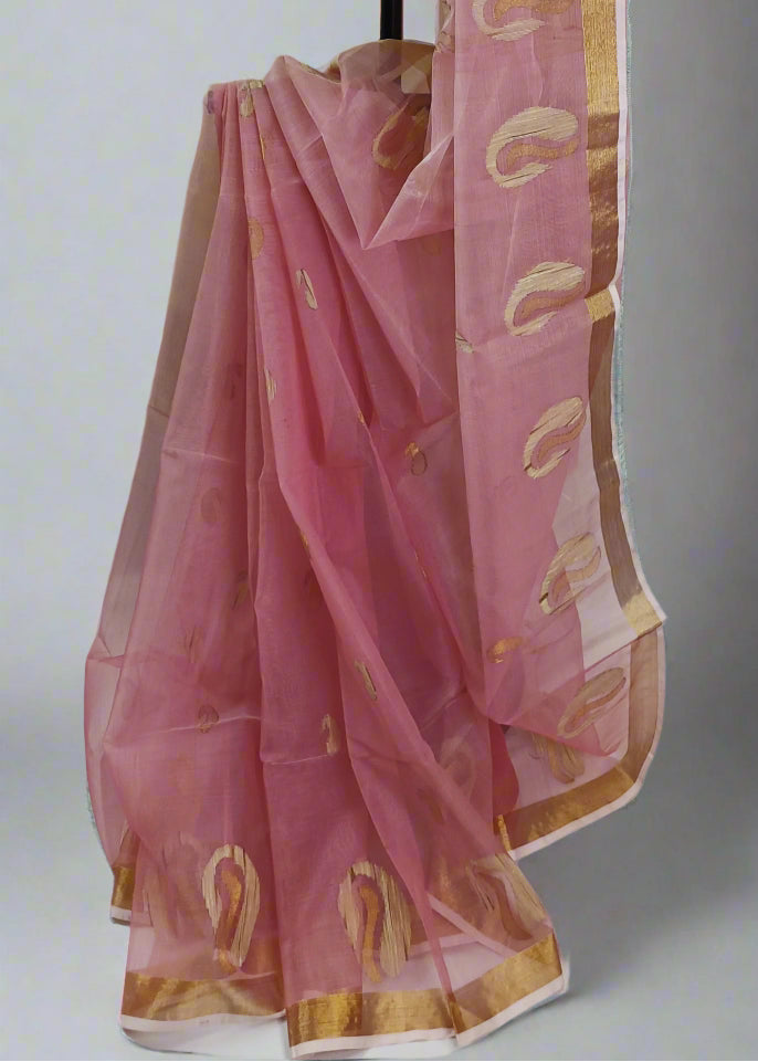 Rose Dust Gold Ghicha Muslin Saree