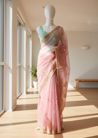 Rose Dust Gold Ghicha Muslin Jamdani Saree
