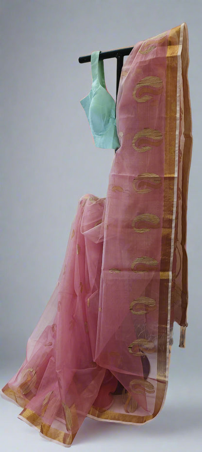 Rose Dust Gold Ghicha Muslin Saree