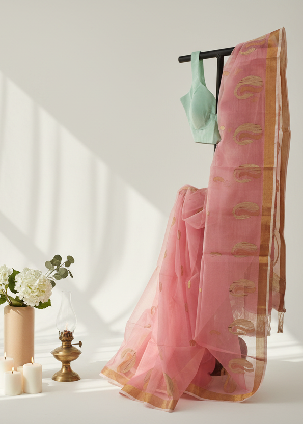 Rose Dust Gold Ghicha Muslin Saree