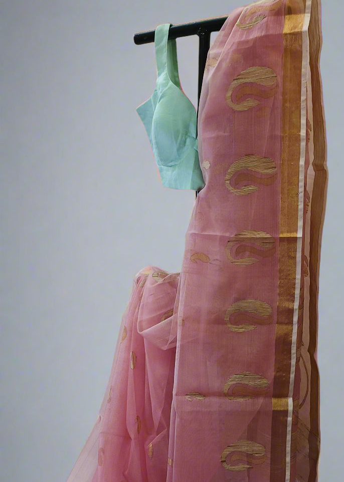 Rose Dust Gold Ghicha Muslin Saree