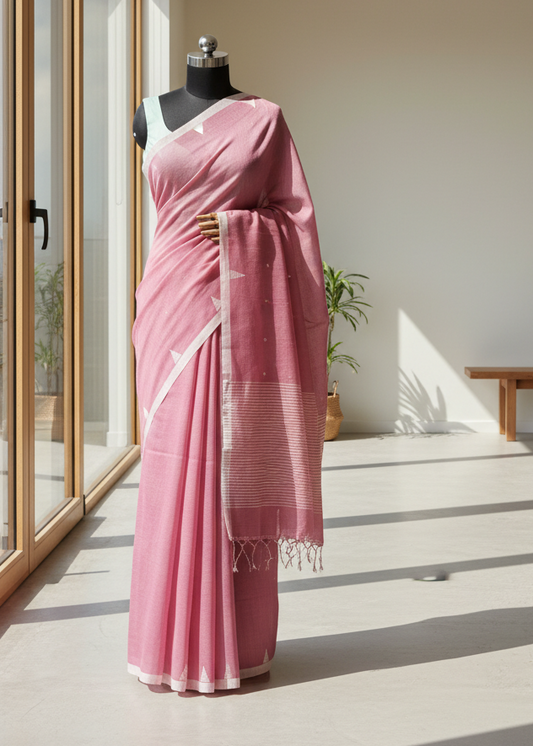 Pink saree with white patterns on a mannequin against a neutral background