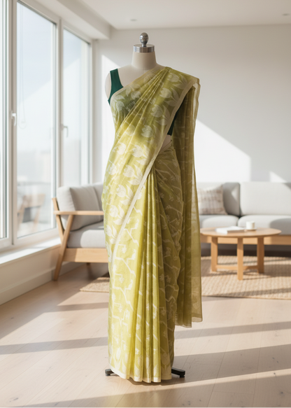 Green jamdani cotton saree on a mannequin in a modern living room setting