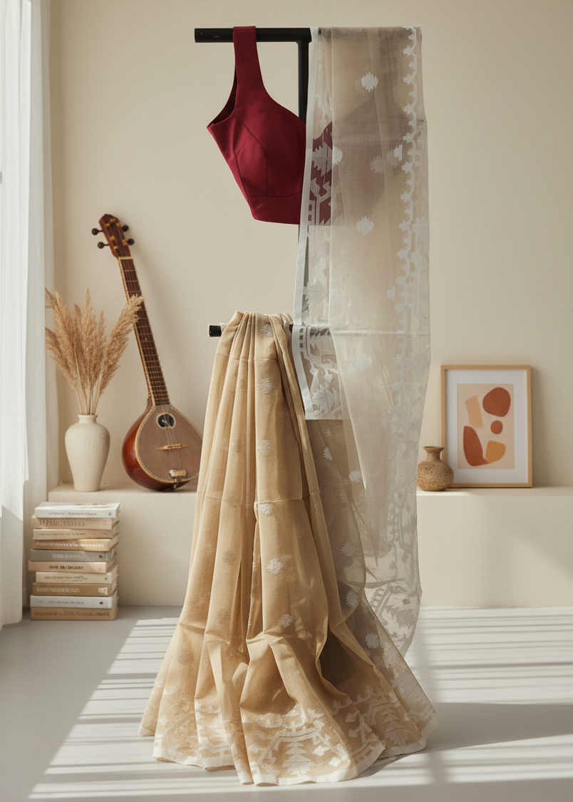 Chhaon Beige Muslin Organza Saree
