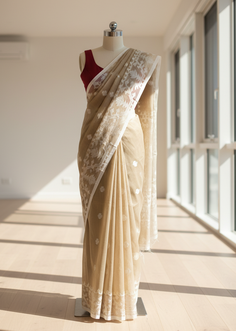 Beige jamdani saree with white floral patterns on a mannequin against a bright indoor background