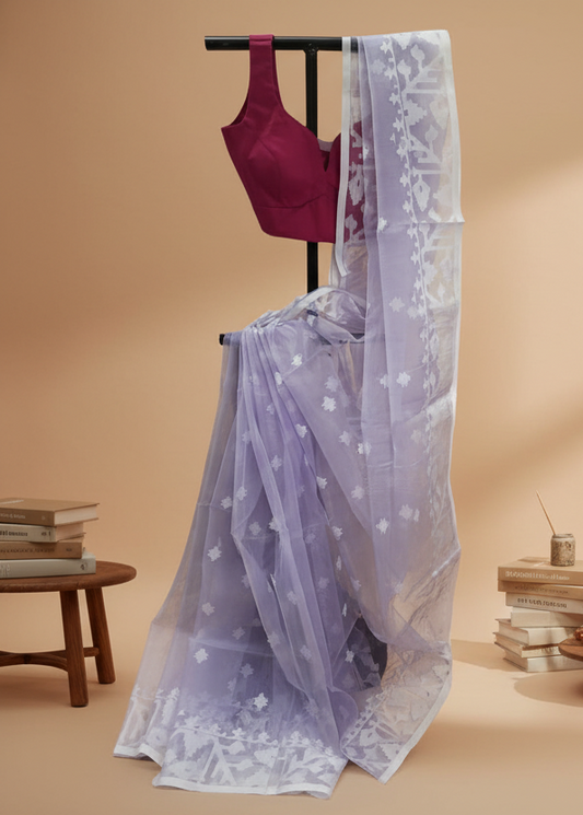 Lavender Mist Muslin Organza Saree