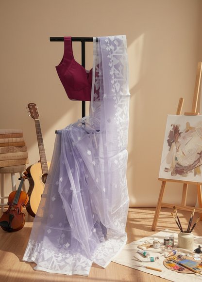 Lavender Mist Muslin Organza Saree