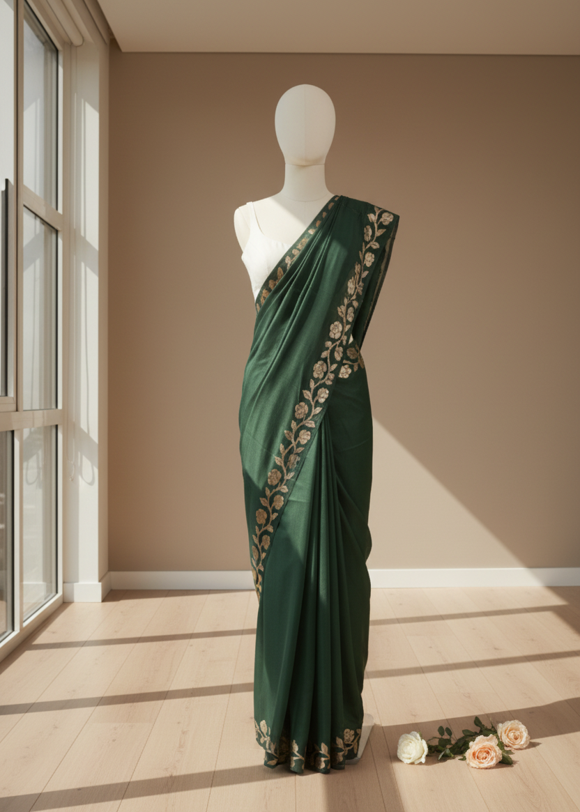 Green linen saree with floral embroidery on a mannequin against a beige wall.