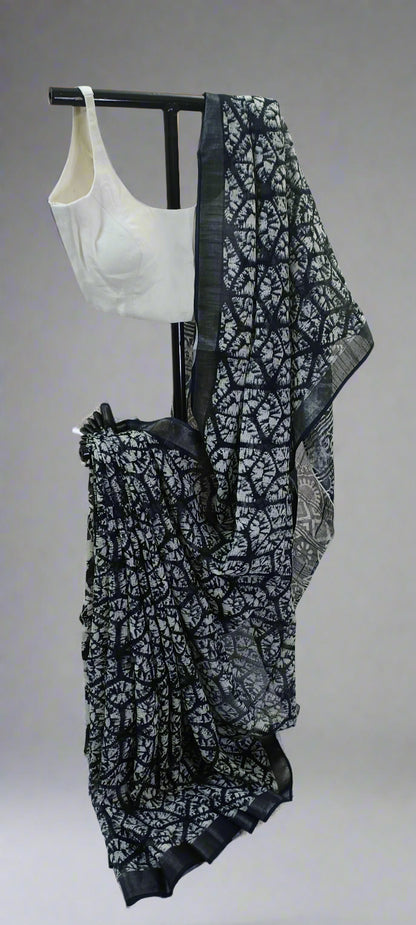 Eclipse Shadow Ajrakh Print Linen Saree